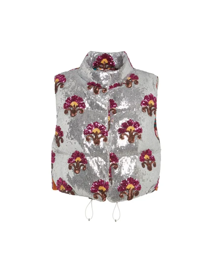La Doublej Bonbon Puffer Vest Silver In Textured Sequins Women Outerwear