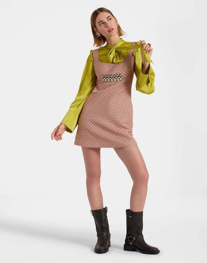 La Doublej Ella Mini Dress Tulip Pale Pink In Jacquard Embroidered Women Party Dressing