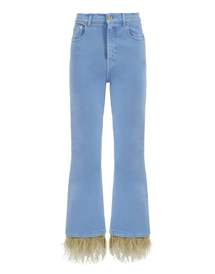 La Doublej Fancy Crop Jeans With Feathers Light Blue In Denim Women Shorts and Pants