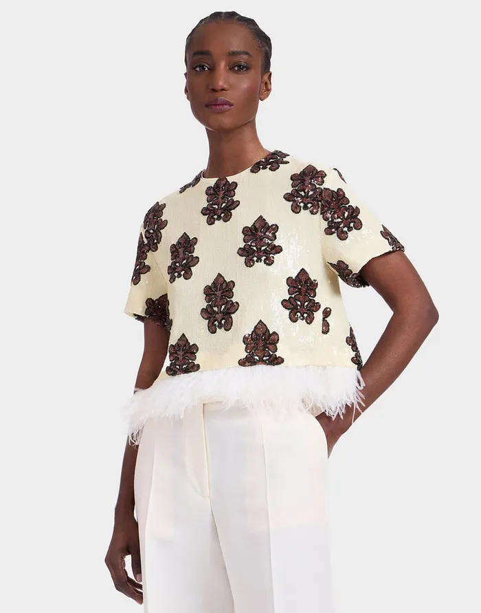 La Doublej La Scala Tee Herald Pink In Paillettes With Feathers Women Shirts and Tops