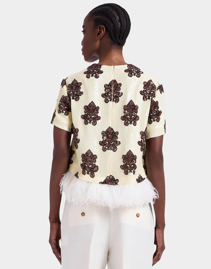 La Doublej La Scala Tee Herald Pink In Paillettes With Feathers Women Shirts and Tops