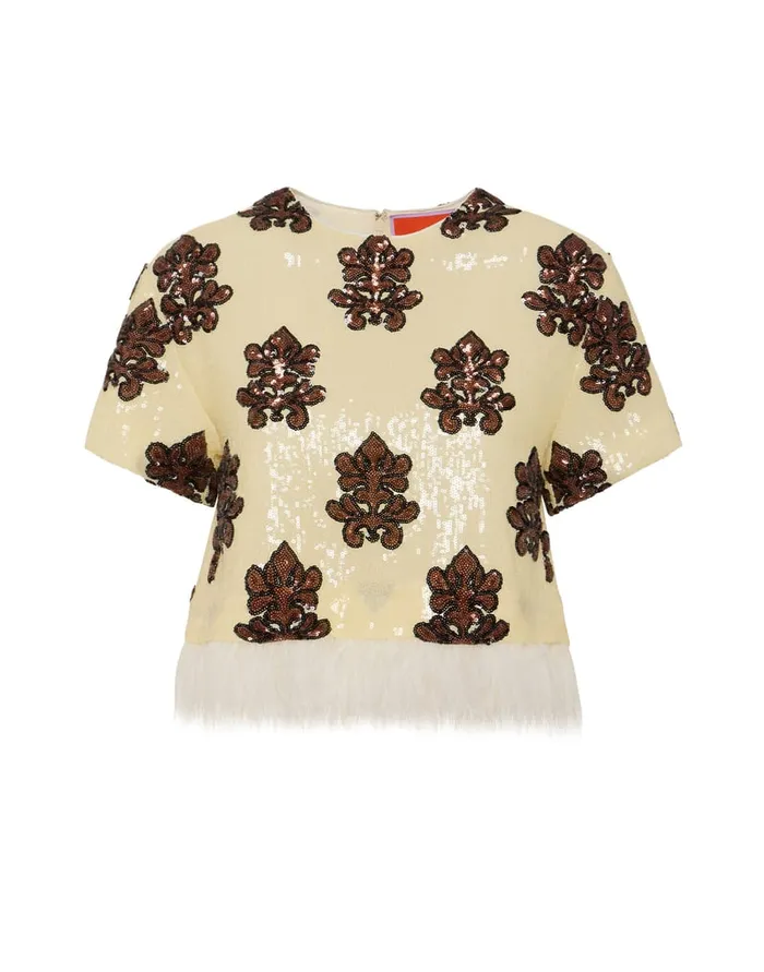 La Doublej La Scala Tee Herald Pink In Paillettes With Feathers Women Shirts and Tops