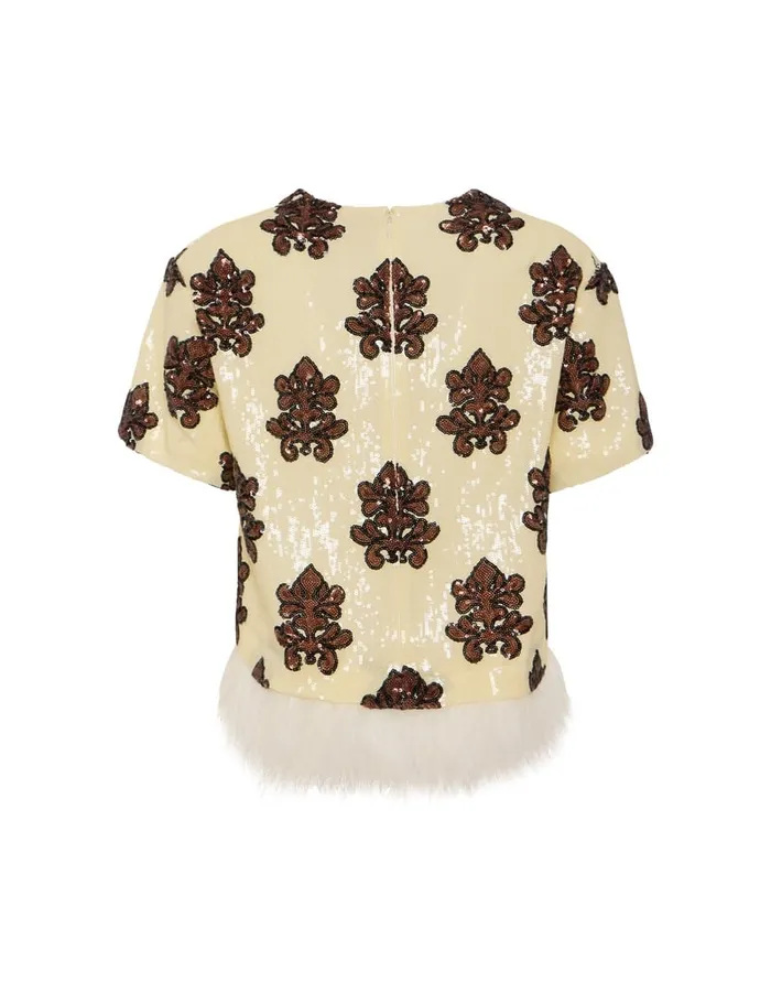 La Doublej La Scala Tee Herald Pink In Paillettes With Feathers Women Shirts and Tops