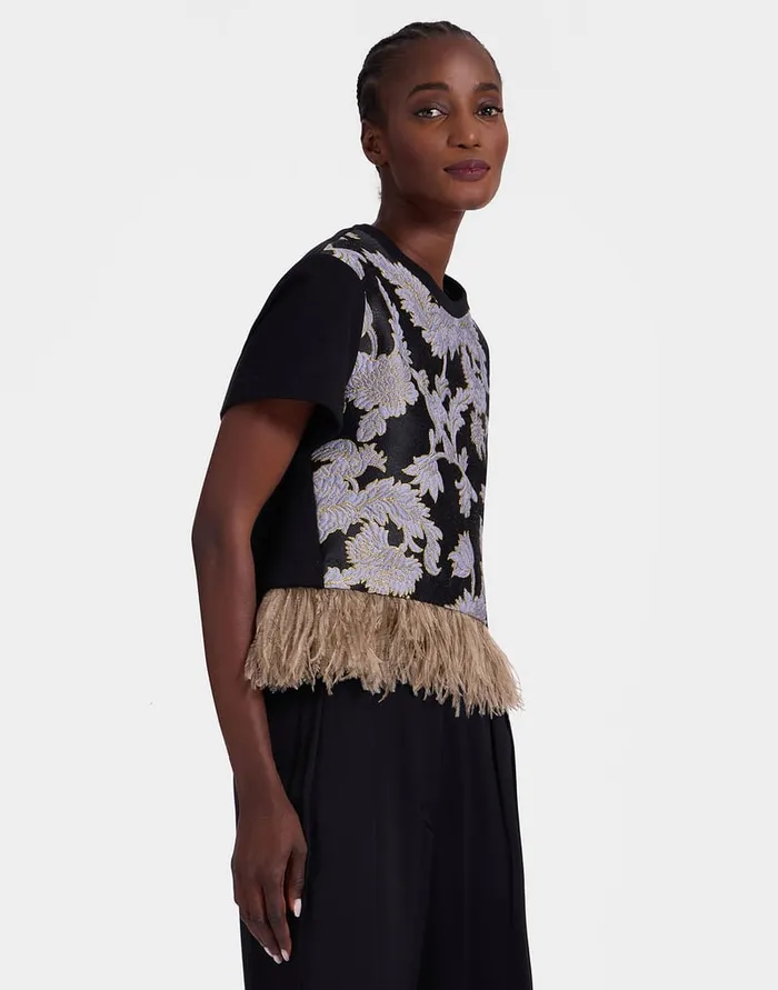La Doublej La Scala Tee Lark Black In Jacquard With Feathers Women Shirts and Tops