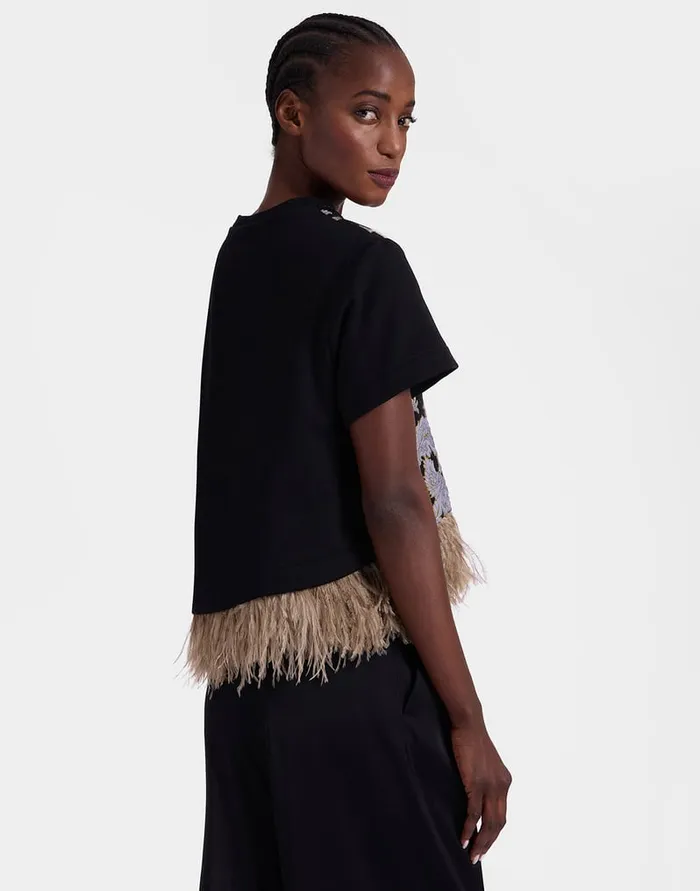 La Doublej La Scala Tee Lark Black In Jacquard With Feathers Women Shirts and Tops