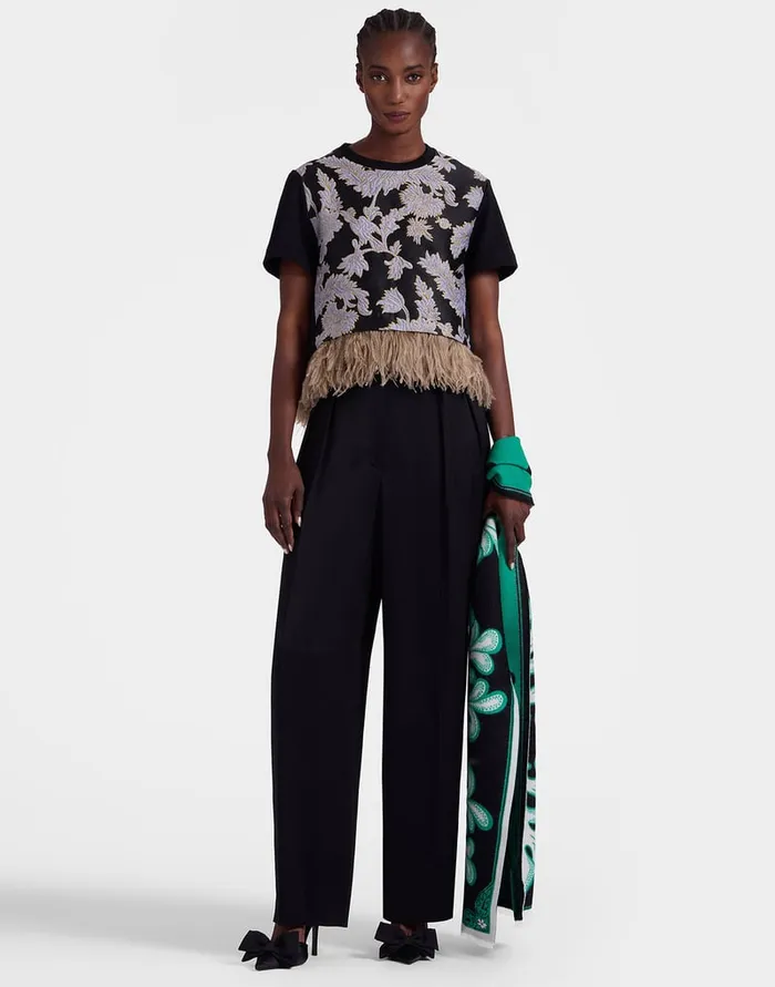 La Doublej La Scala Tee Lark Black In Jacquard With Feathers Women Shirts and Tops