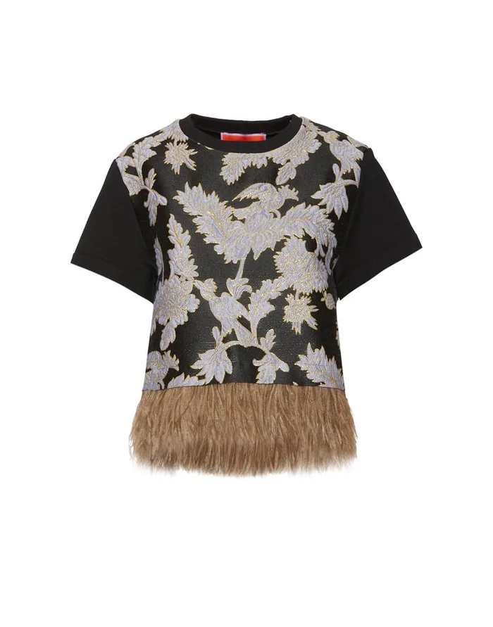 La Doublej La Scala Tee Lark Black In Jacquard With Feathers Women Shirts and Tops