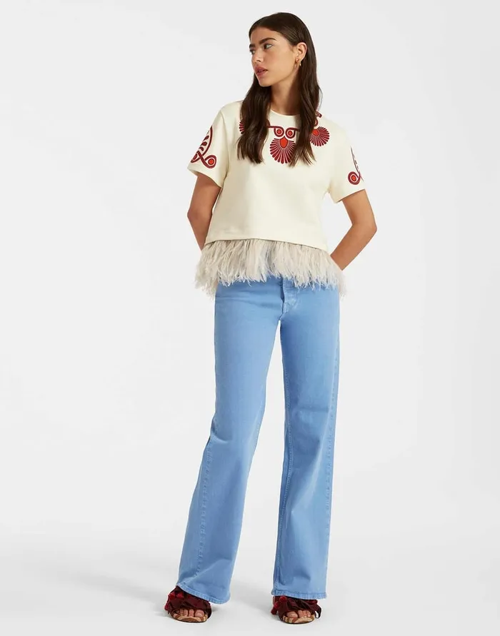 La Doublej La Scala Tee Medallion Place Cream In Heavy Jersey With Feathers Women TShirts and Sweatshirts