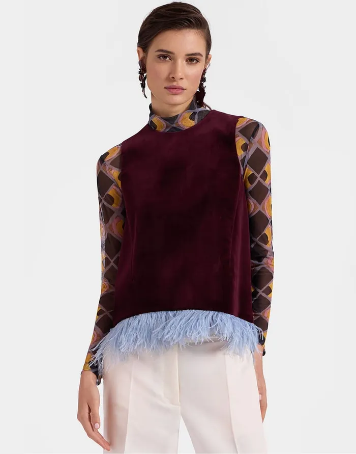 La Doublej La Scala Top Solid Burgandy In Cotton Velvet With Feathers Women Shirts and Tops