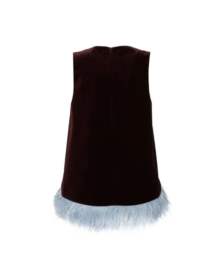 La Doublej La Scala Top Solid Burgandy In Cotton Velvet With Feathers Women Shirts and Tops
