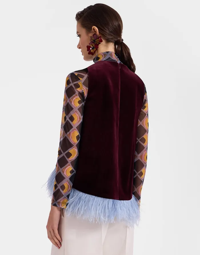 La Doublej La Scala Top Solid Burgandy In Cotton Velvet With Feathers Women Shirts and Tops