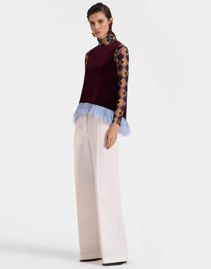 La Doublej La Scala Top Solid Burgandy In Cotton Velvet With Feathers Women Shirts and Tops