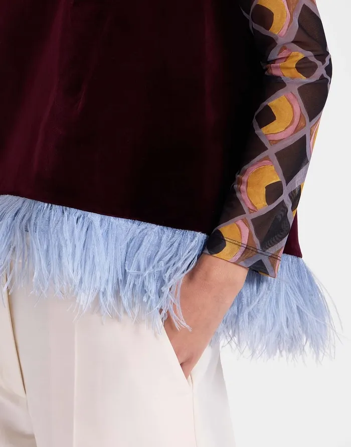 La Doublej La Scala Top Solid Burgandy In Cotton Velvet With Feathers Women Shirts and Tops