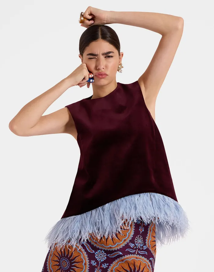 La Doublej La Scala Top Solid Burgandy In Cotton Velvet With Feathers Women Shirts and Tops
