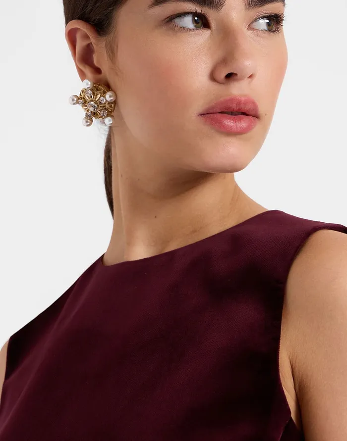 La Doublej La Scala Top Solid Burgandy In Cotton Velvet With Feathers Women Shirts and Tops