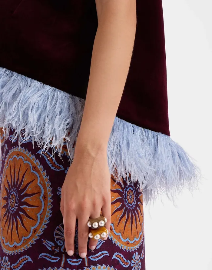 La Doublej La Scala Top Solid Burgandy In Cotton Velvet With Feathers Women Shirts and Tops