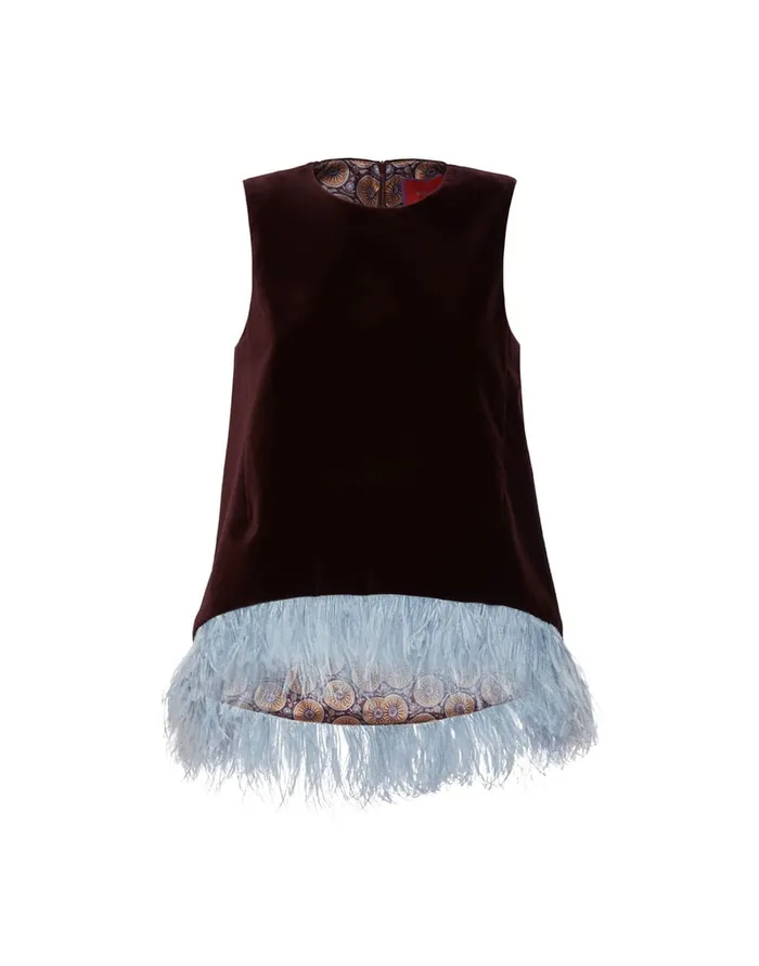 La Doublej La Scala Top Solid Burgandy In Cotton Velvet With Feathers Women Shirts and Tops