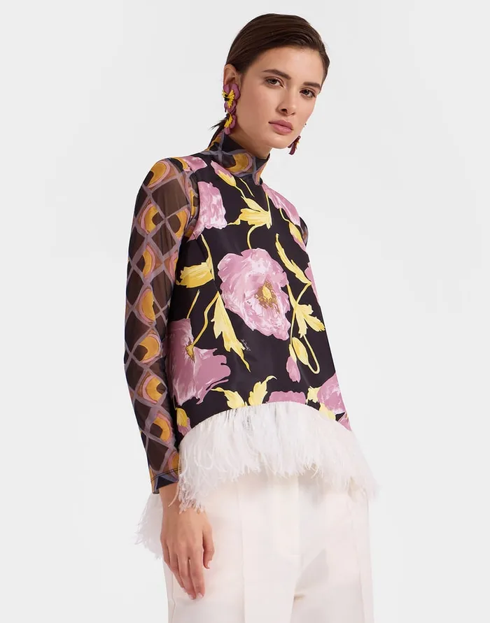 La Doublej La Scala Top Sylph Black In Faille With Feathers Women Shirts and Tops