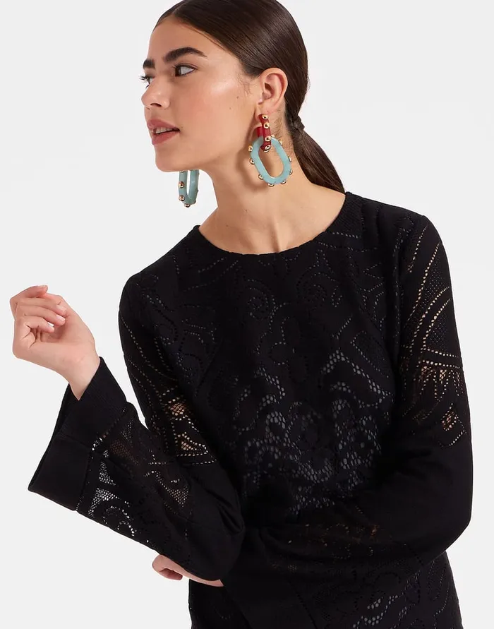 La Doublej Lacey Mini Supreme Swing Dress Solid Black In Embroidered Cotton Women Dresses