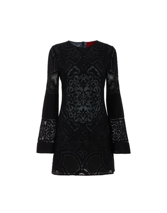 La Doublej Lacey Mini Supreme Swing Dress Solid Black In Embroidered Cotton Women Dresses