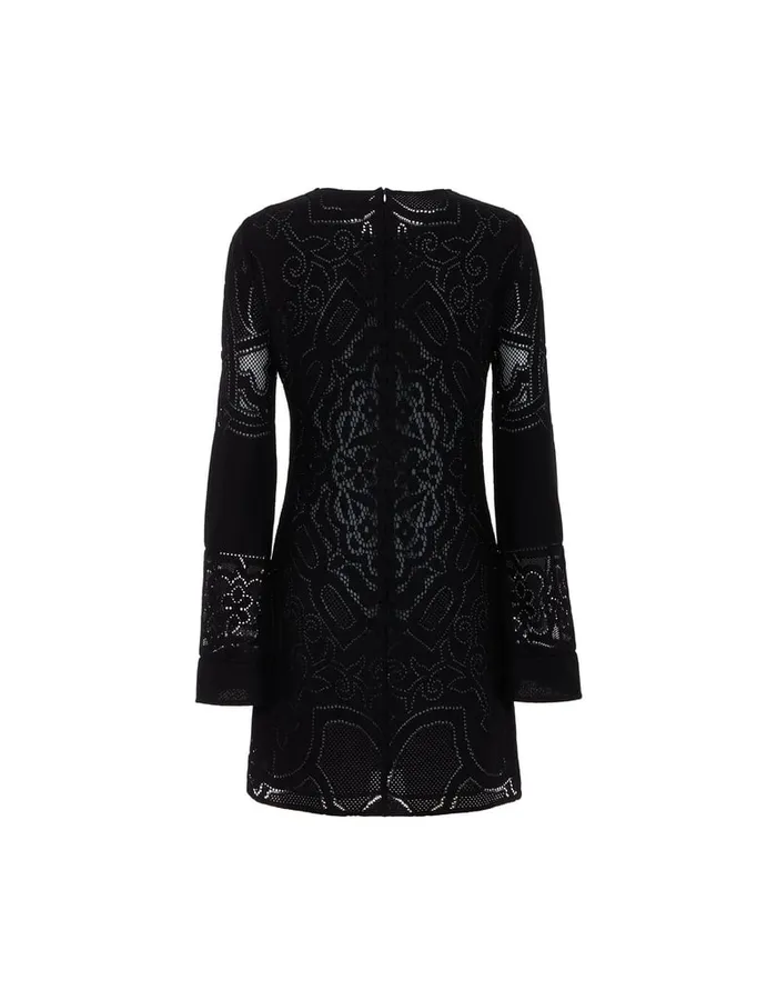 La Doublej Lacey Mini Supreme Swing Dress Solid Black In Embroidered Cotton Women Dresses