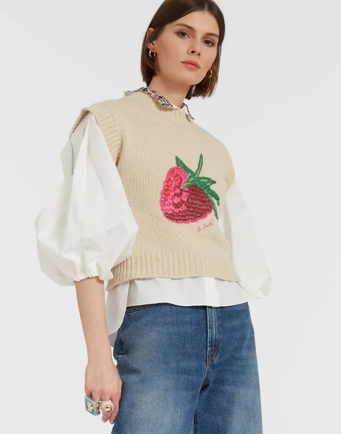 La Doublej Lampone Vest Beige In Wool Embroidered Women Knitwear