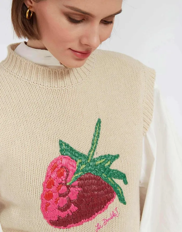 La Doublej Lampone Vest Beige In Wool Embroidered Women Knitwear