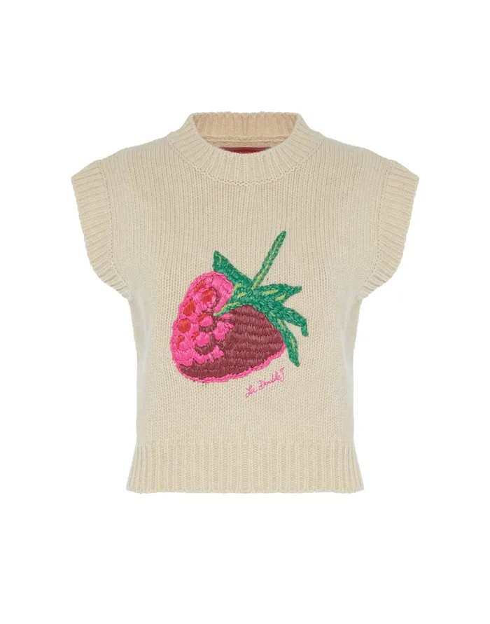 La Doublej Lampone Vest Beige In Wool Embroidered Women Knitwear