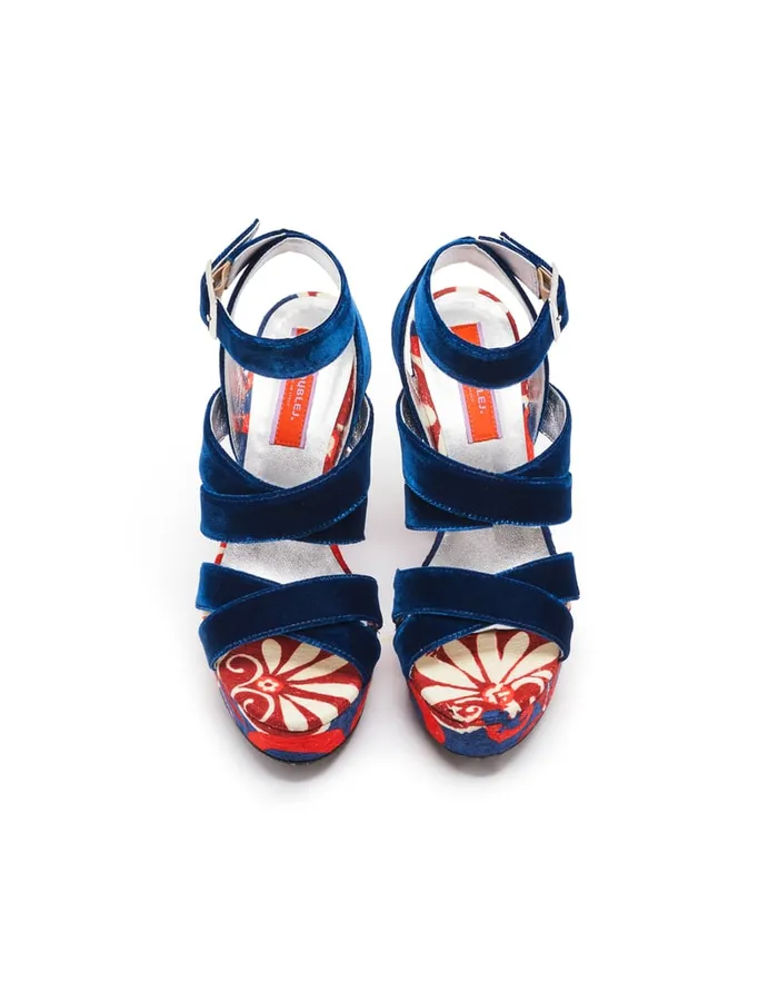 La Doublej Medal Wedge Moonflower Navy In Shot Cotton Women Shoes