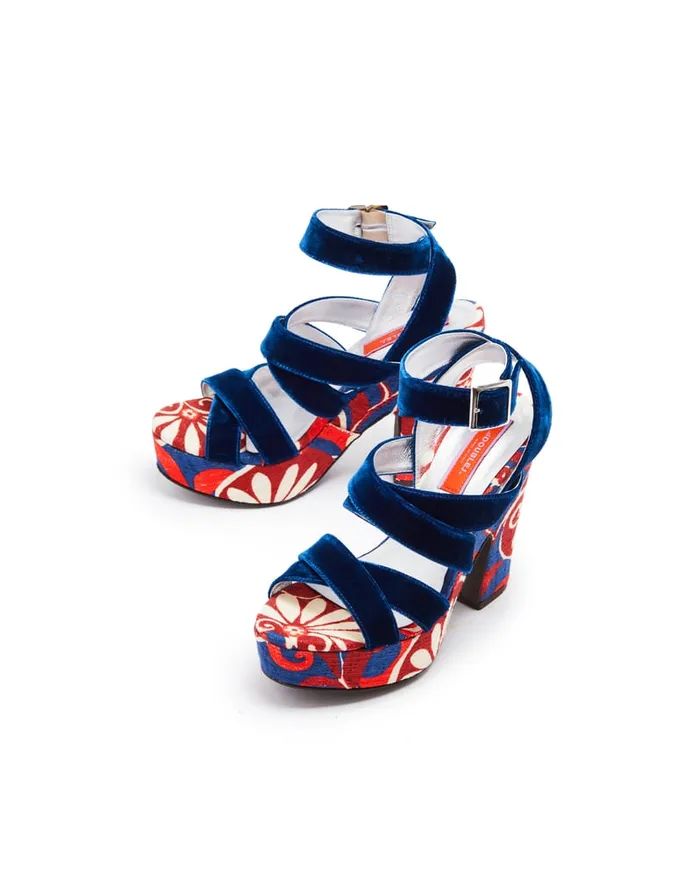 La Doublej Medal Wedge Moonflower Navy In Shot Cotton Women Shoes