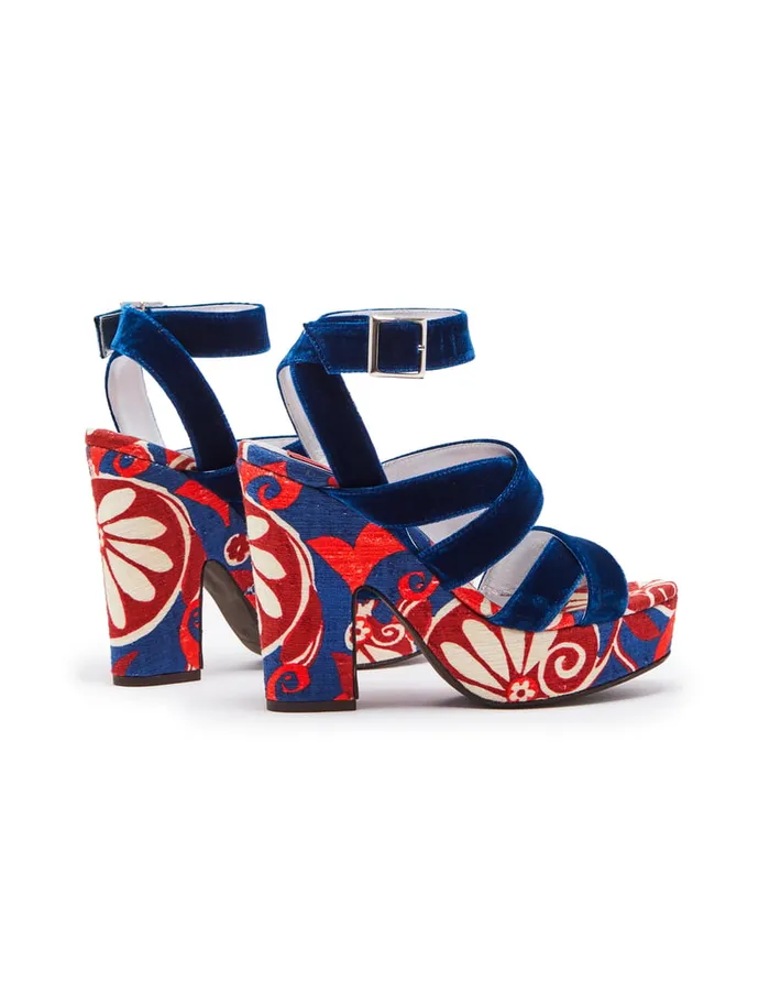 La Doublej Medal Wedge Moonflower Navy In Shot Cotton Women Shoes