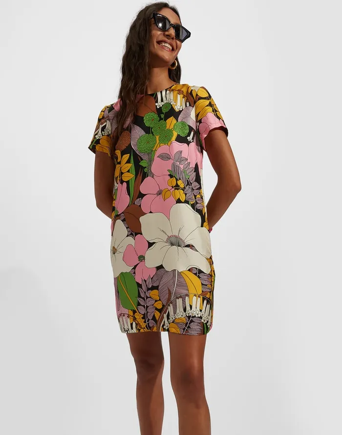 La Doublej Mini Swing Dress Big Flower In Silk Twill Women Dresses