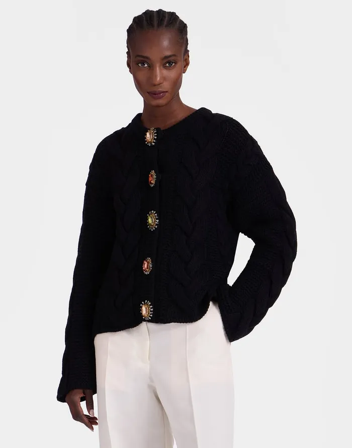 La Doublej Portrait Cardigan Solid Black In Chunky Wool Women Party Dressing