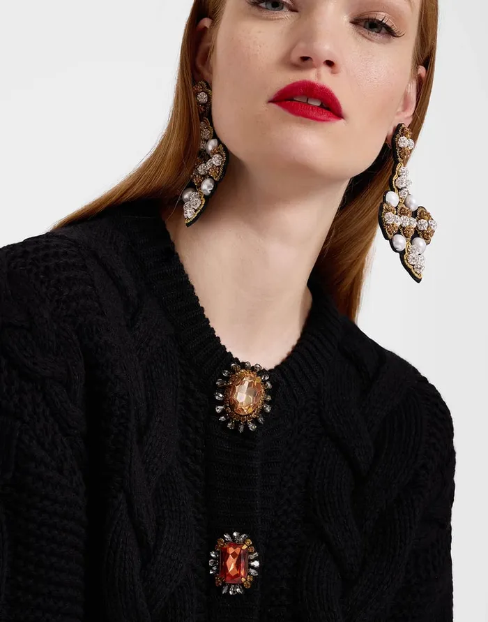 La Doublej Portrait Cardigan Solid Black In Chunky Wool Women Party Dressing