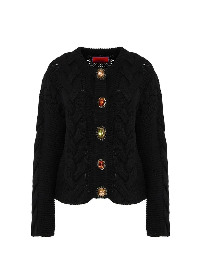 La Doublej Portrait Cardigan Solid Black In Chunky Wool Women Party Dressing
