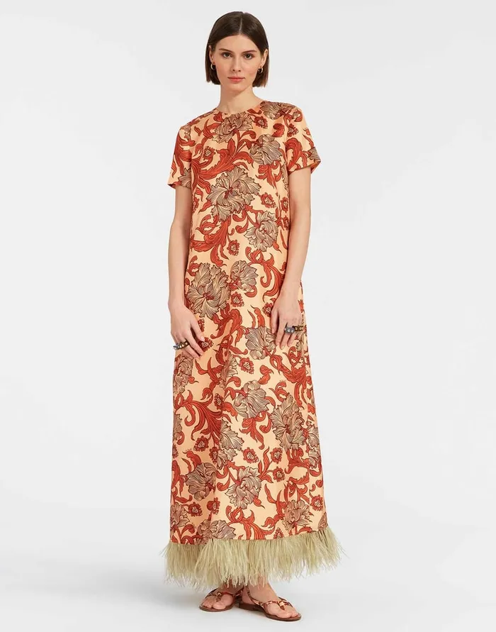 La Doublej Swing Dress Reef Pale Pink In Silk Twill With Feathers Women Party Dressing