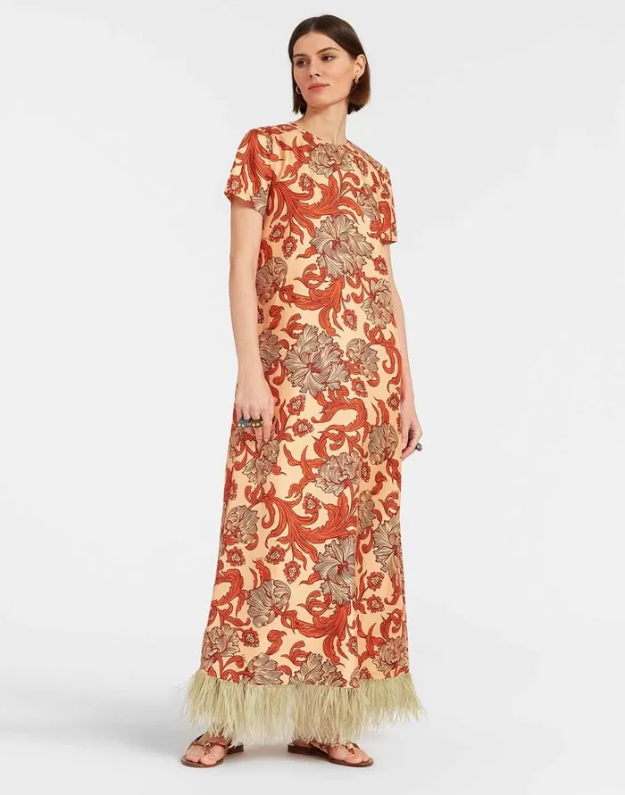 La Doublej Swing Dress Reef Pale Pink In Silk Twill With Feathers Women Party Dressing