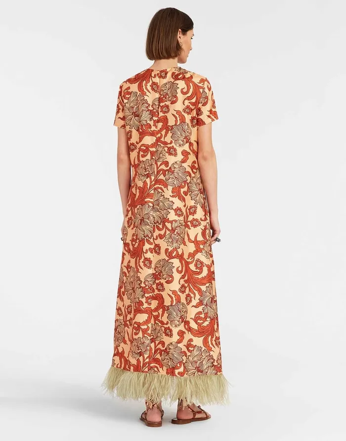 La Doublej Swing Dress Reef Pale Pink In Silk Twill With Feathers Women Party Dressing