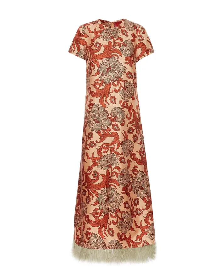 La Doublej Swing Dress Reef Pale Pink In Silk Twill With Feathers Women Party Dressing