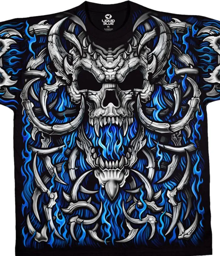 Liquid Blue TShirt Men Blue Flame Skull Black TShirt