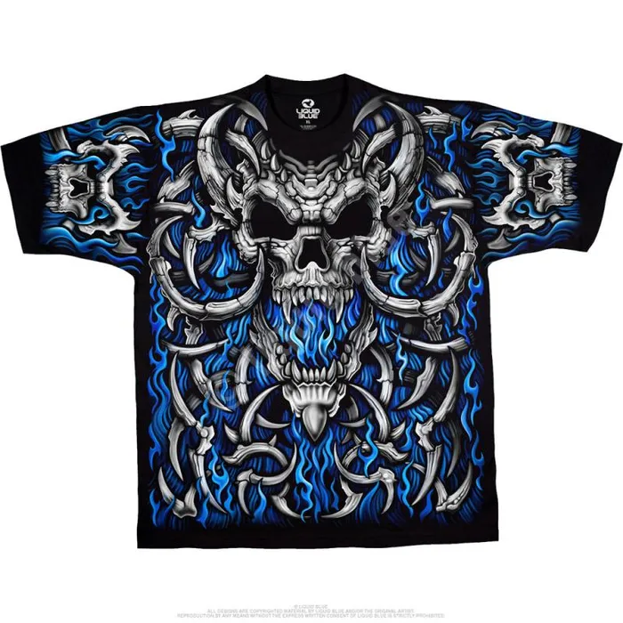 Liquid Blue TShirt Men Blue Flame Skull Black TShirt