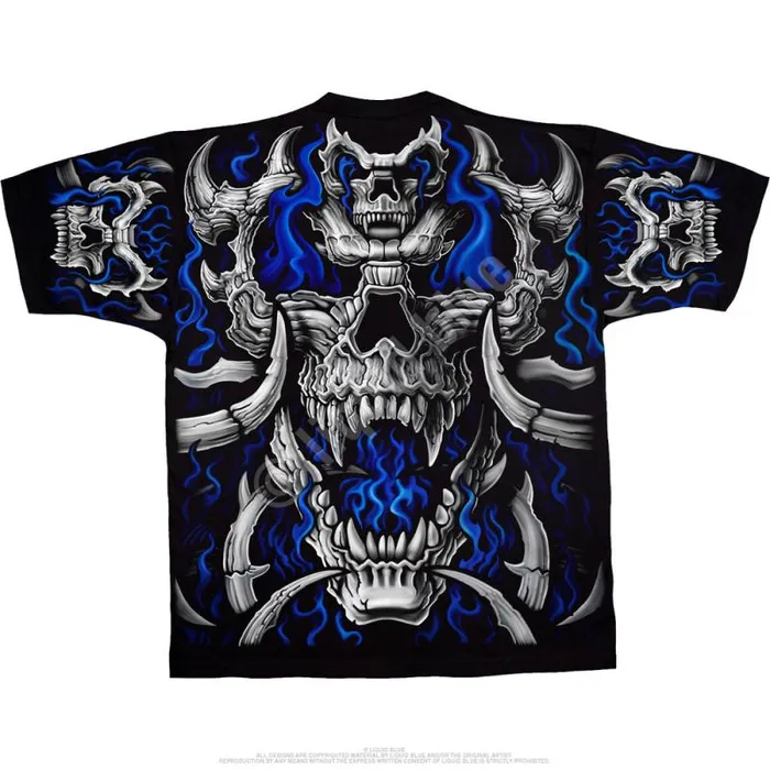 Liquid Blue TShirt Men Blue Flame Skull Black TShirt