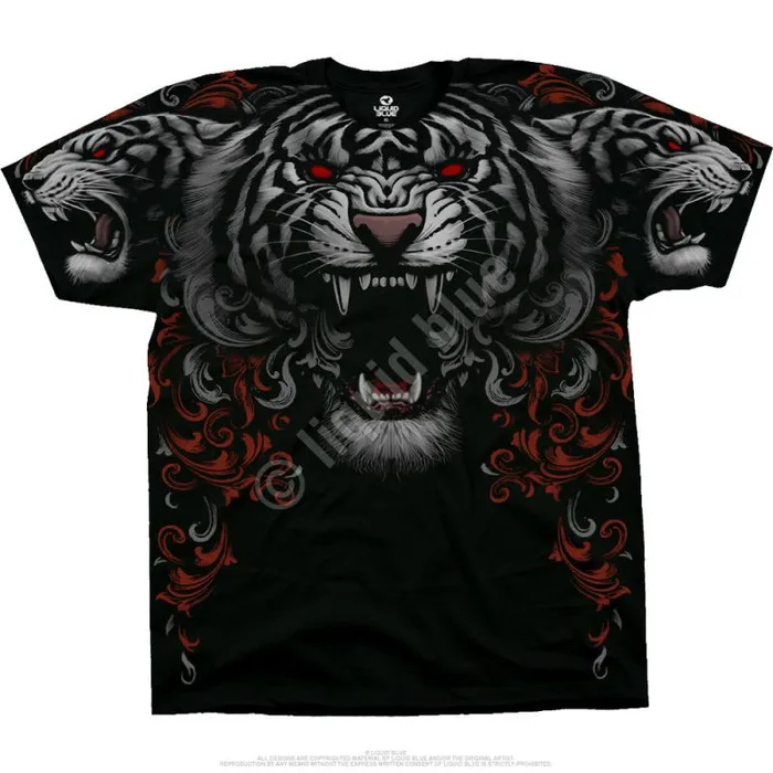 Liquid Blue TShirt Men Three Tiger Roar Black TShirt