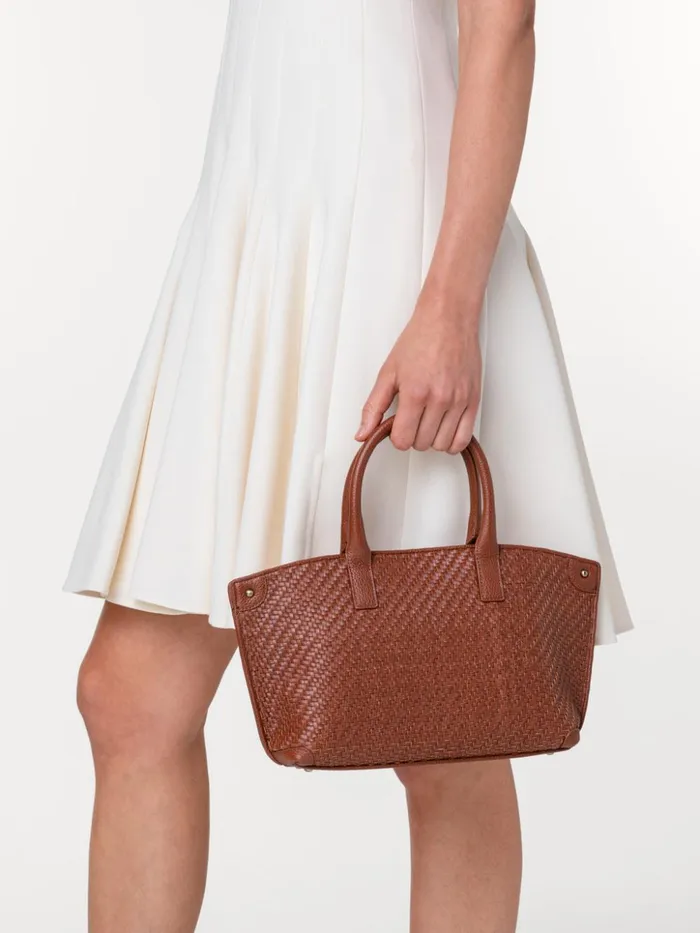 Little Ai Top Handle Bag In Woven Leather Caramel Women Akris Top Handle Bags