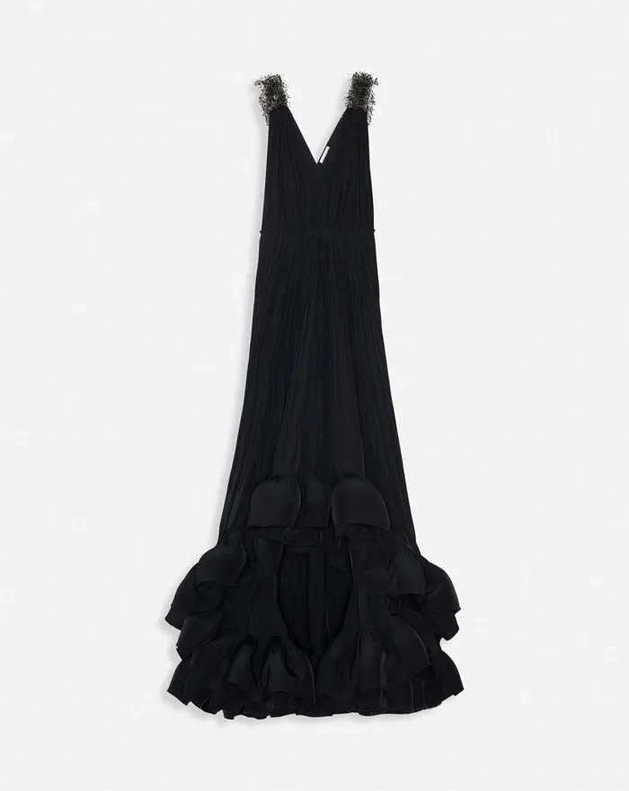 Long Embroidered Charmeuse Evening Gown Black Women Lanvin Dresses