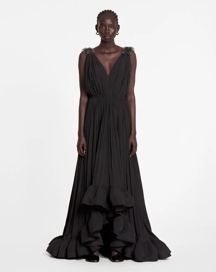 Long Embroidered Charmeuse Evening Gown Black Women Lanvin Dresses