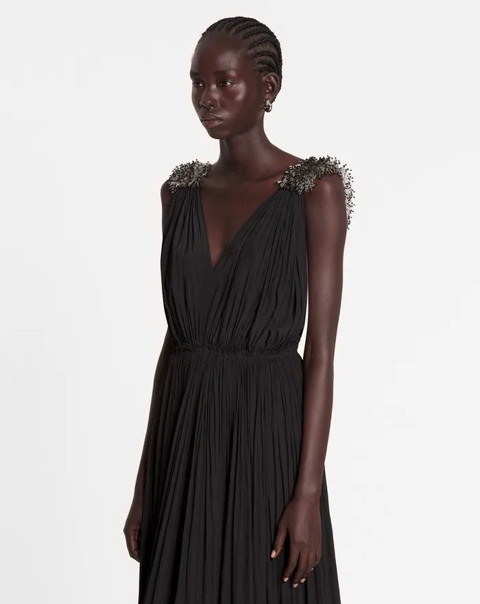 Long Embroidered Charmeuse Evening Gown Black Women Lanvin Dresses