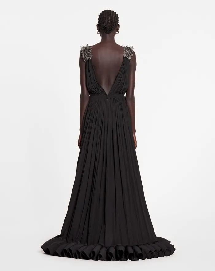 Long Embroidered Charmeuse Evening Gown Black Women Lanvin Dresses