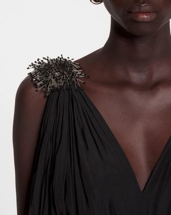 Long Embroidered Charmeuse Evening Gown Black Women Lanvin Dresses