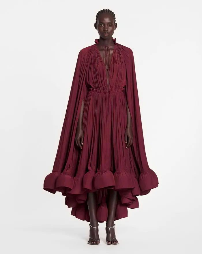 Long Ruffle Dress In Charmeuse Burgundy Women Lanvin Dresses